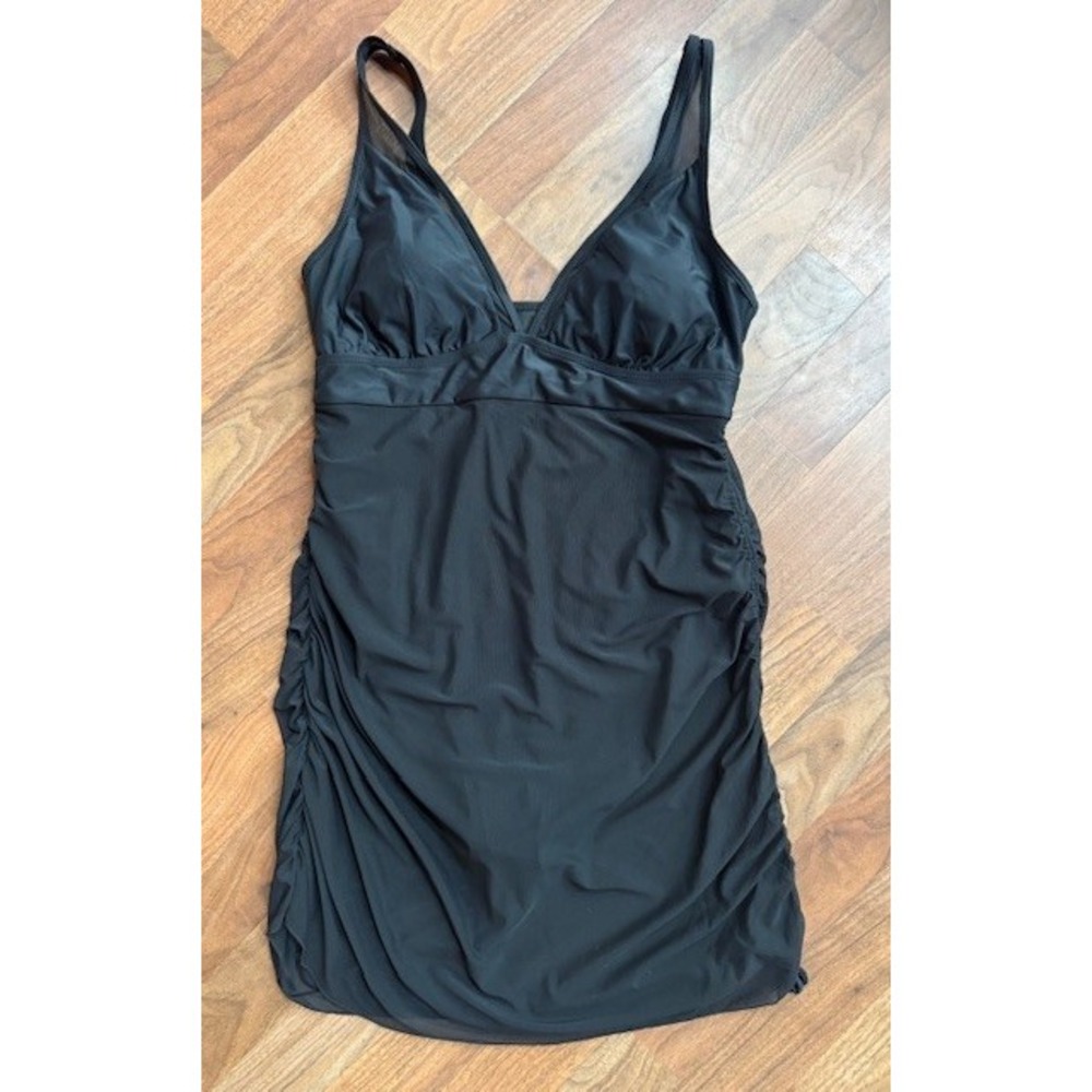 Womens Mesh Sheer One Piece‎ Swim Dress Ruched Swimsuit Black XXL 2XL NWOT